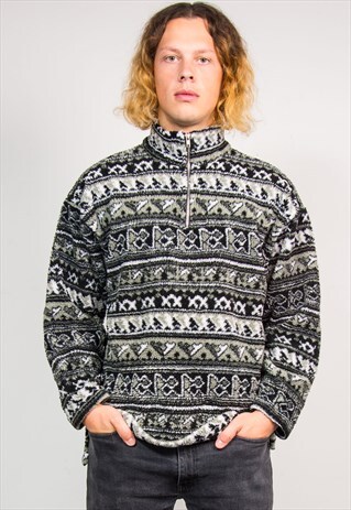 90'S VINTAGE AZTEC PATTERN QUARTER ZIP FLEECE