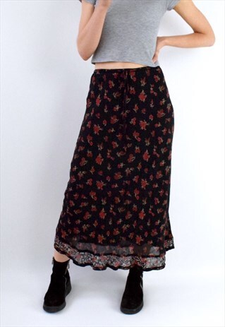 BLACK FLORAL 90S MIDI SKIRT WITH DRAWSTRING WAIST - M