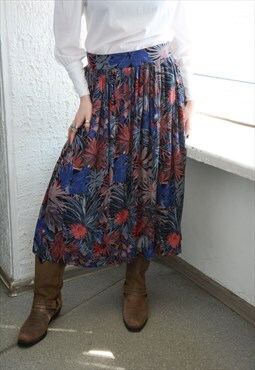 Vintage Multicolour Bohemian Floral Print Midi Viscose Skirt