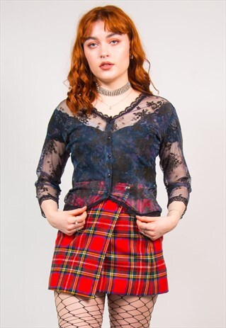 VINTAGE 90'S NAVY BLUE MESH LACE & VELVET FLORAL TOP