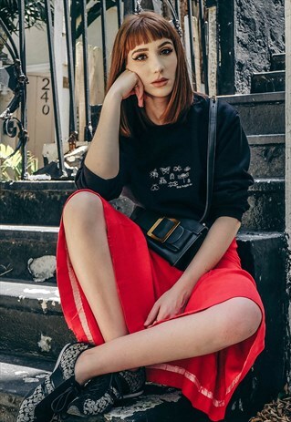 EMBROIDERED BLACK SILVER BUG SLOGAN SWEATER