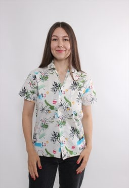 90s Hawaiian shirt in white, vintage woman revere button up 