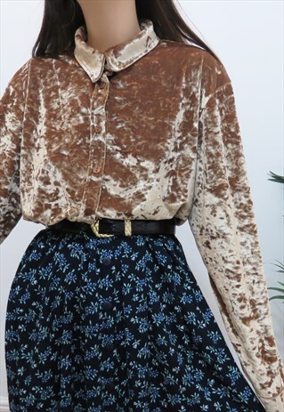 VINTAGE 80S GOLD CRUSHED VELVET COLLARED SHIRT / BLOUSE