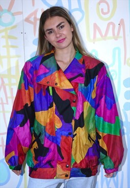 Jacket Vintage 80s Windbreaker Nylon Anorak Print L / XL