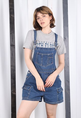 VINTAGE LIGHT BLUE DENIM SHORT DUNGAREES 90S OVERALLS.