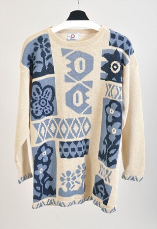 VINTAGE 90S BEIGE JUMPER IN ABSTRACT PRINT