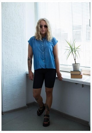 VINTAGE 70'S BLUE POLKA DOT SHORT SLEEVED BLOUSE