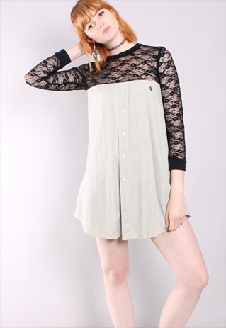 VINTAGE 90S RALPH LAUREN REWORKED LACE MESH SHIRT DRESS