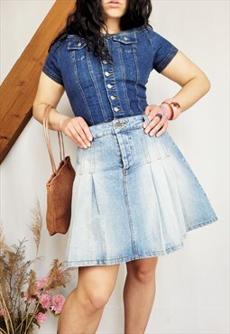 Vintage Y2K 00s blue denim pleated Preppy mini skirt