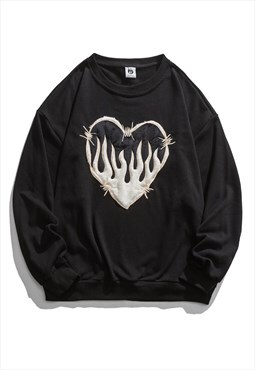 Heart patch sweatshirt flame applique jumper in black