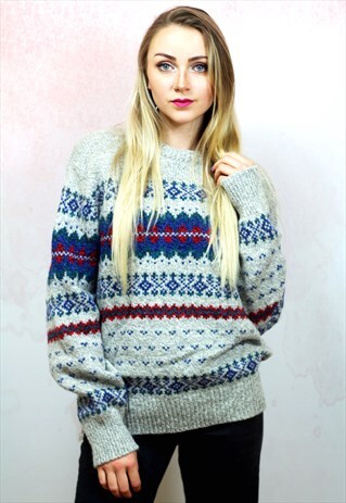 1980S VINTAGE GREY ICELANDIC WOOL KNIT JUMPER
