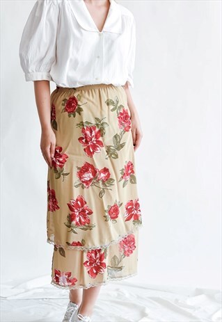 VINTAGE Y2K MIDI LAYERED PULL ON SKIRT IN ROSE PRINT