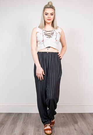 VINTAGE BLACK HIPPIE PATTERN BOHO WIDE LEG TROUSERS