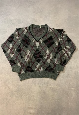 VINTAGE KNITTED JUMPER ARGYLE PATTERNED GRANDAD SWEATER