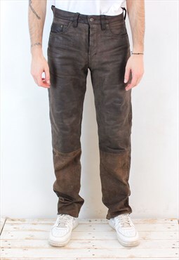Vintage Men W31 L34 Suede Waxed Leather Pants Trousers Biker