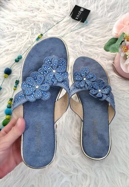 Blue Faux Suede Toe-Post Sandals