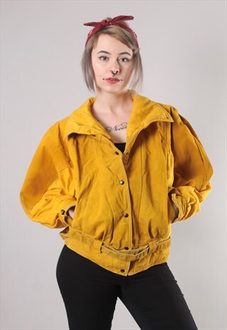 VINTAGE 80S MUSTARD TEXTURED SUEDE BATWING BOMBER JACKET