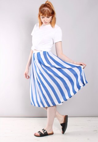 VINTAGE 60S BLUE CANDY STRIPE LINEN PLEATED MIDI SKIRT