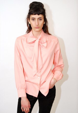 PUSSY BOW TOP (M/L) CORAL 70S MOD TIE COLLAR BLOUSE SHIRT