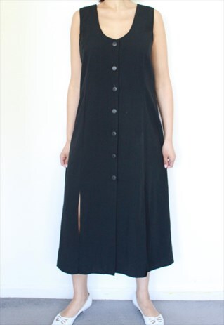 80S VINTAGE BLACK SUMMER MINIMA BUTTON SLIT DRESS