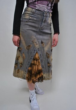 80's boho style skirt, vintage hippie denim skirt