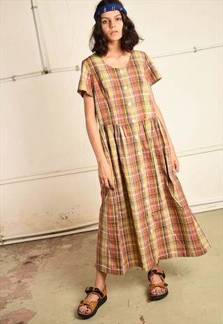 90S RETRO PARIS CHIC MIDI DRESS WITH CHECKED PRINT