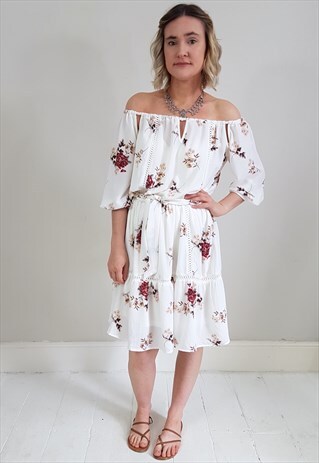 SECONDHAND WHITE FLORAL OFF SHOULDER BOHO DRESS