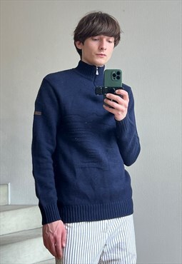 Vintage VERSACE Sweater Knit Pullover Half Zip 90s Blue
