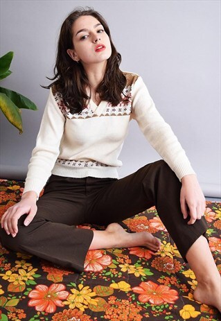 70'S RETRO ABSTRACT PATTERN OVERSIZED KNIT JUMPER TOP