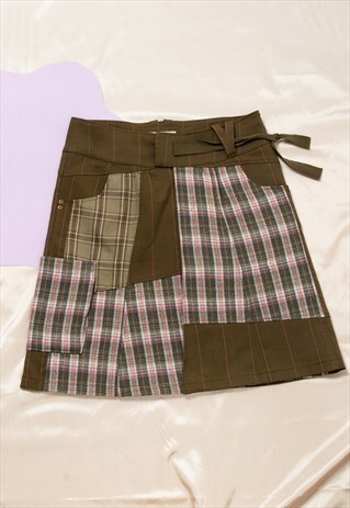VINTAGE SKIRT Y2K PATCHWORK MIDI IN GREEN PLAID
