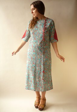 1990's Vintage Indian Cotton Woodblock Print Maxi Dress