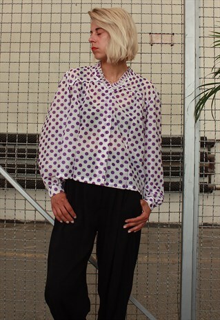 VINTAGE 80' BEAUTIFUL CUTE PURPLE DOTED WHITE BLOUSE