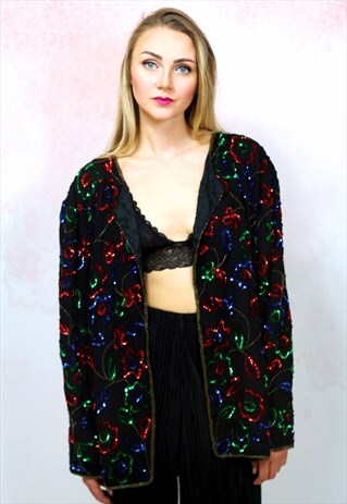 1980S VINTAGE SEQUIN AND BEAD EMBELLISHED SILK JACKET