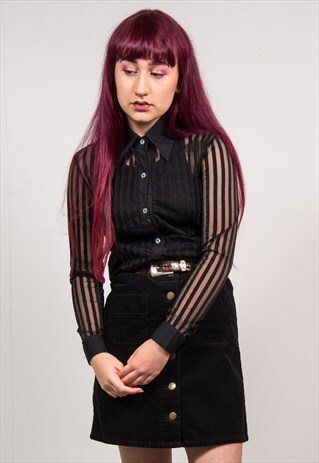 VINTAGE 90'S BLACK STRIPED SHEER FITTED LONG SLEEVE SHIRT
