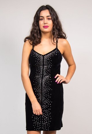 VINTAGE 90'S BLACK SILVER GLITTER VELVET STRAPPY SLIP DRESS