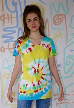 T-Shirt Tie Dye Vintage V-Neck Oversized Turquoise Yellow  M