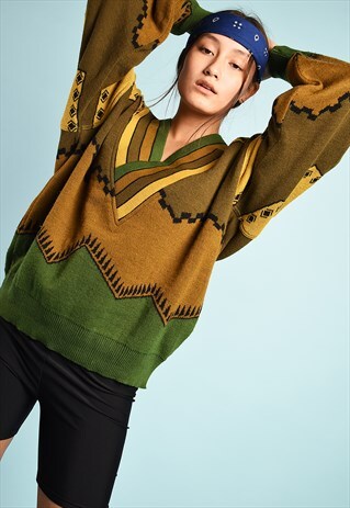 VINTAGE 80'S RETRO ABSTRACT PATTERN KNIT OVERSIZED JUMPER