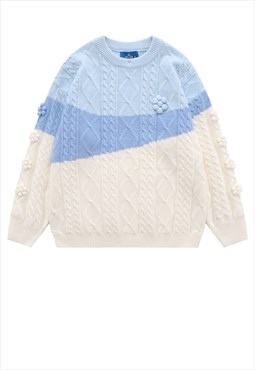 Contrast bubble sweater cable knit jumper retro top in blue