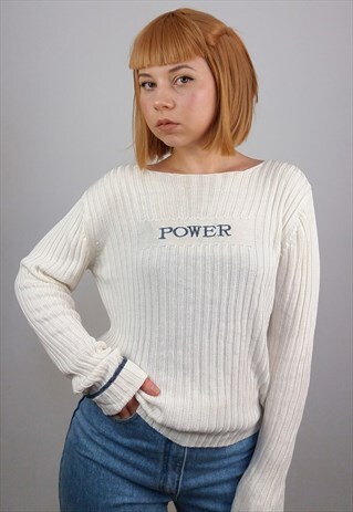 VINTAGE 90'S 'POWER' LOGO RIBBED SOFT KNIT TOP / JUMPER