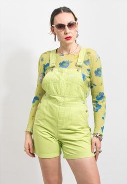 Vintage 90's shortalls in green denim dungarees women size M