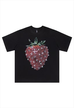 Spike t-shirt strawberry print tee grunge raver top in black