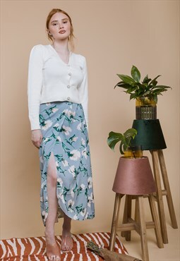 Sky Blue Floral Wrap Midi Skirt
