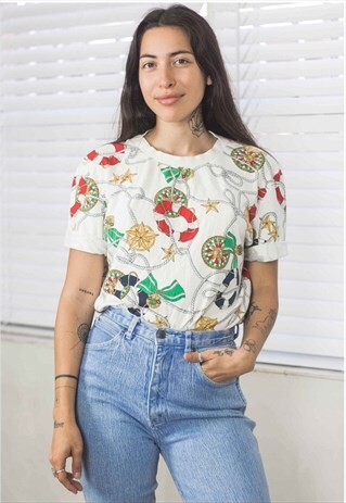 VINTAGE NAUTICAL PATTERN T-SHIRT 90S M 4.9