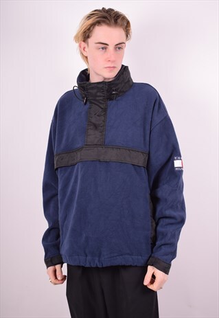 TOMMY HILFIGER MENS VINTAGE FLEECE JUMPER XL NAVY BLUE 90'S