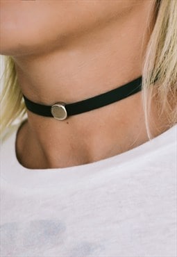 Black choker necklace silver circle bead faux leather gift