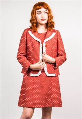 VINTAGE 70'S PINK POLKA DOT PATTERN CO-ORD DRESS JACKET SET