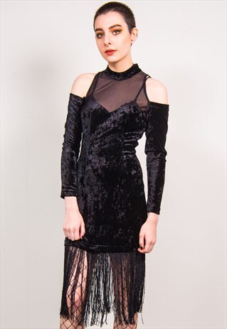 VINTAGE 90'S BLACK VELVET & MESH COLD SHOULDER DRESS