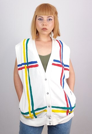 VINTAGE 80'S SNAP CLOSURE UNISEX GOLF VEST RAINBOW STRIPES