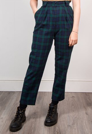 VINTAGE 90'S GREEN TARTAN CHECK PATTERN HIGH WAIST TROUSERS