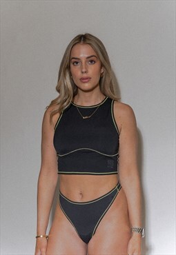 Sporty racer top with contrast stitch in black